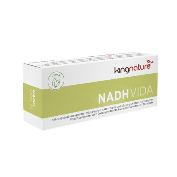 NADH Vida - kingnature Kingnature, Naturkosmetik, schonend verarbeitet, Nahrungsergänzungsmittel, Top Qualität, Schweizer Produkt, Swiss Made, hochwertig, Rohstoffe, getestet, NADH, stabilisiertes NADH, biologischer Wasserstoff, Coenzym 1, Energiestoffwechsel, Biotin, keine Dopingsubstanz, Spitzensportler, NADH Vida, Energie, Mitochondrien, Tabletten, zergehen lassen unter der Zunge