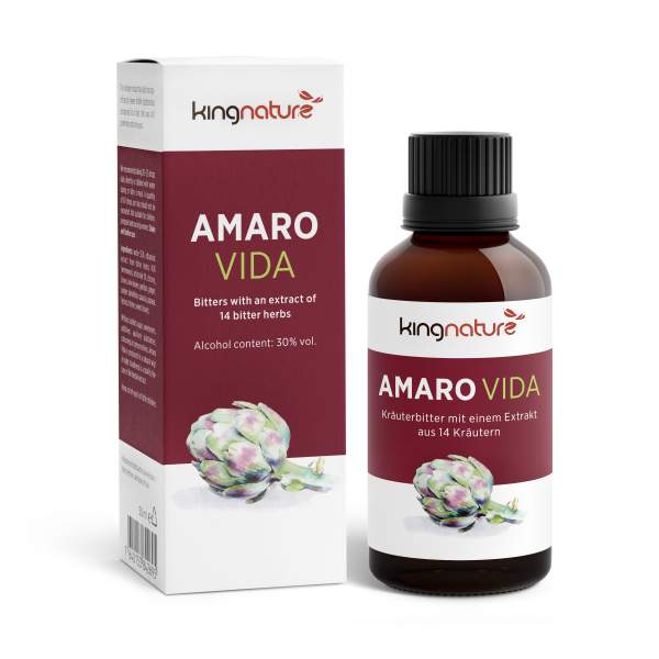 AmaroVida_BoxBottle_En_White Abgebildet sind eine Flasche und eine Schachtel kingnature AMARO VIDA, ein Bitterextrakt mit 14 Kräutern, darunter Artischocke. Die Etiketten zeigen ein Artischocken-Bild. Die Flasche hat einen Tropfverschluss und enthält 30 % Alkohol.