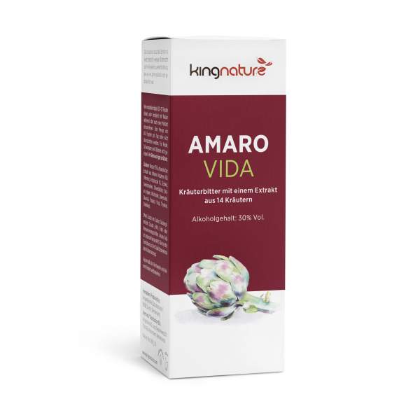 AmaroVida_Box_De_White Eine Schachtel Kingnature AMARO VIDA Kräuterbitter in den Farben Kastanienbraun und Weiß, mit deutschem Text und einer Artischocken-Illustration. Dieses Produkt enthält 14 Kräuterextrakte und bietet mit 30 % Alkohol ein unverwechselbares Geschmackserlebnis.
