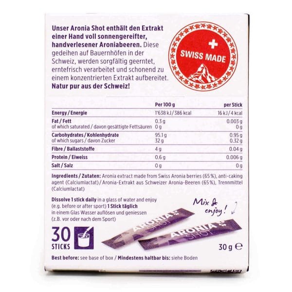 Auf der Rückseite der Aronia Shot-Packung steht „Swiss Made“, mit Nährwertangaben, deutscher Beschreibung, Symbolen und zwei Stick-Beutel-Abbildungen. Ideal für alle, die Aronia Shot kaufen möchten – enthält 30 Sticks (insgesamt 30 g).