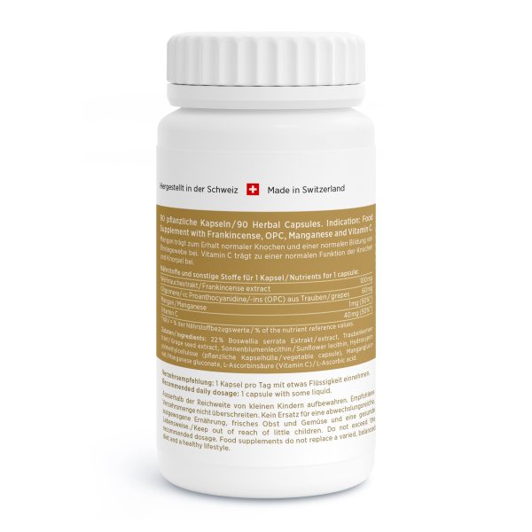 Boswellia-Vida_v1.1-Back Eine weiße Flasche mit beigem Etikett zeigt in Deutsch und Englisch Texte zu etwa 90 Kräuterkapseln. Auf dem Etikett sind Inhaltsstoffe wie Weihrauch, OPC, Mangan und Vitamin C aufgeführt. Die Schweizer Flagge und „Made in Switzerland“ dienen zur Authentizität.
