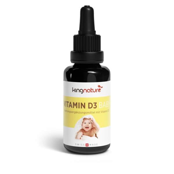 Eine Flasche kingnature Vitamin D3 Baby mit Tropfverschluss und einem Etikett mit einem lächelnden Baby und deutschem Text. Ideal als Vitamin D für Babys.
