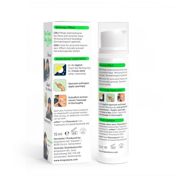 Abgebildet sind eine weiße Flasche und eine Schachtel der Kingnature Hautpflegecreme. Der Text in Deutsch und Englisch beschreibt Anwendung und Wirkung. Anschauliche Illustrationen veranschaulichen die Anwendungsschritte. Das Produkt enthält 15 ml Pflegecreme.