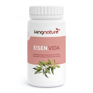 Eine weiße Flasche mit der Aufschrift kingnature EISEN VIDA und einer Abbildung grüner Blätter. Laut Etikett enthält das Produkt Eisen, Curryblattextrakt und Acerolaextrakt als Nahrungsergänzungsmittel mit natürlichen Inhaltsstoffen.