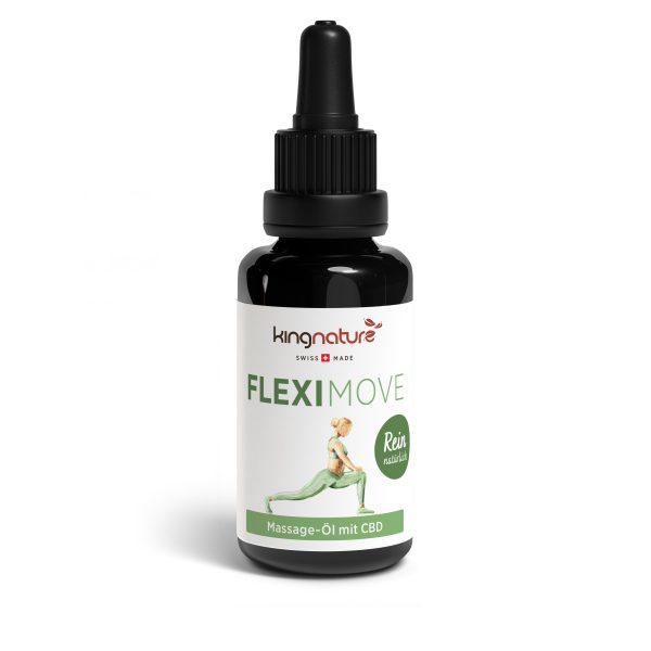 Eine schwarze Tropfflasche mit der Aufschrift „kingnature FLEXIMOVE Massage-Öl mit CBD“ zeigt das Bild einer sich streckenden Frau und den Text „Rein natürlich“ auf weißem Hintergrund, wodurch die natürliche Formel hervorgehoben wird.