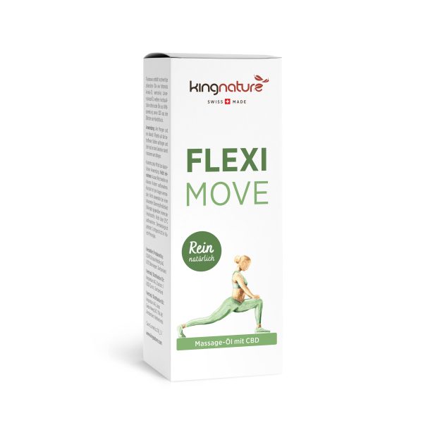 Eine weiße Schachtel Kingnature Flexi Move Massageöl mit CBD zeigt eine Frau in Dehnpose und den grünen Text „Rein natürlich“ und „Massage-Öl mit CBD“. Die in der Schweiz hergestellte Verpackung unterstreicht die Premiumqualität.