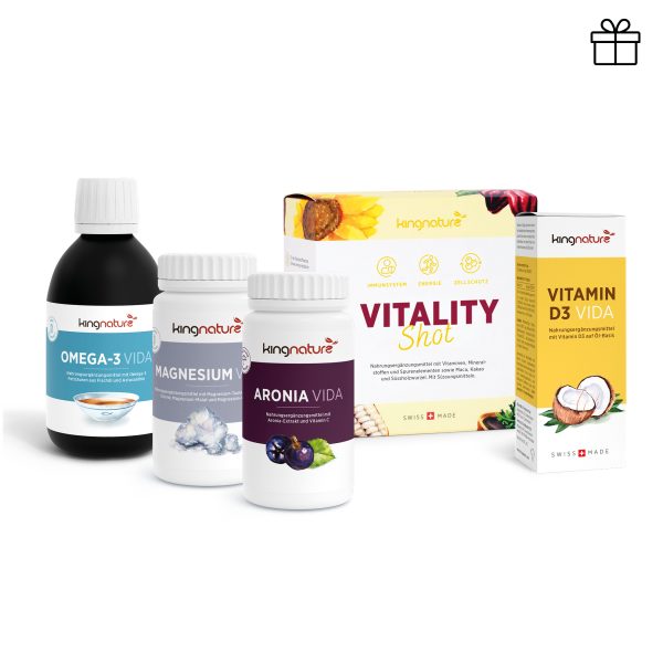 Immunpaket_medium-4 Das Nahrungsergänzungsmittel Immunpaket Medium von kingnature wird vor einem weißen Hintergrund angezeigt.