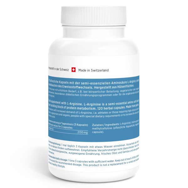L-Arginin-Vida_v2.1-Back Eine weiße Plastikflasche mit deutscher und englischer Beschriftung mit Dosierungsangaben zu L-Arginin, einem Schweizer Flaggensymbol, dem Text „Made in Switzerland“ und dem Markennamen „Arginin Vida“. Highlights sind die Kaufoptionen für L-Arginin.