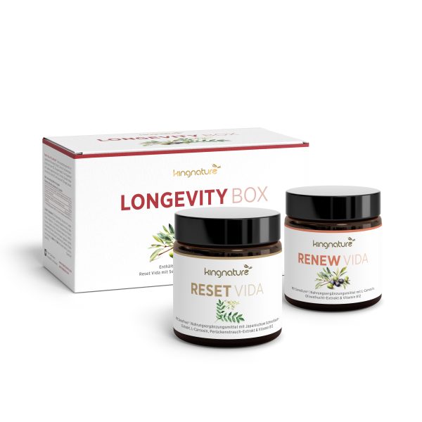 LongevityBox_w.Jars_v1.0 Die Longevity Box von kingnature enthält zwei Nahrungsergänzungsmittelgläser, Reset Vida und Renew Vida, jeweils mit botanischen Illustrationen auf weißem Hintergrund – ideal für alle, die nach hochwertigen Nahrungsergänzungsmitteln für ein langes Leben suchen.