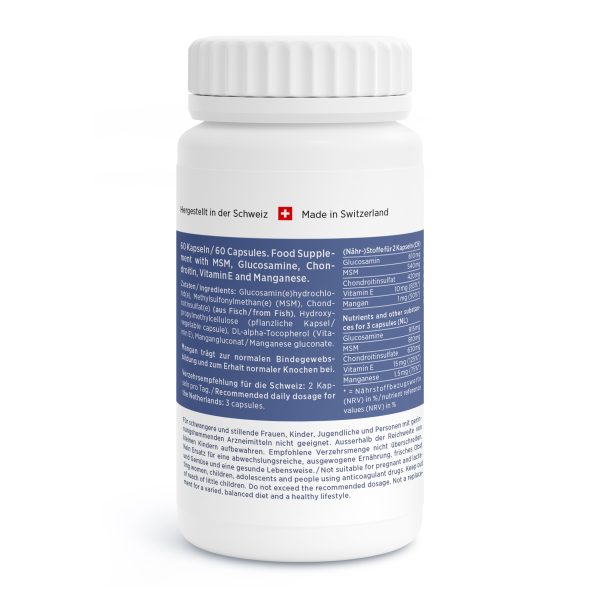 MSM-Vida_v4.3-Back Eine weiße Flasche mit Nahrungsergänzungsmittel, auf deren Etikett MSM, Glucosamin, Chondroitin, Vitamine und Mineralstoffe stehen. Die Verpackung zeigt Text in Deutsch und Englisch sowie ein Schweizer Flaggensymbol.