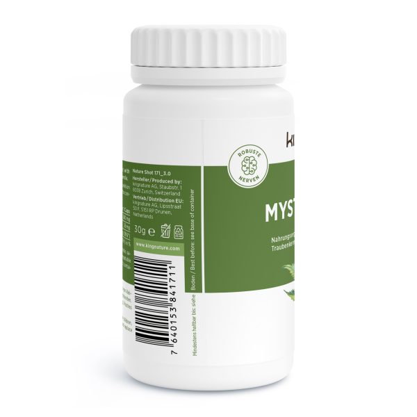 Mysterio-Vida_v3.0-Side Eine weiße Plastikflasche mit weißem Verschluss, der mit „MYST“ beschriftet ist und grüne Akzente setzt. Das Etikett zeigt einen Strichcode, Produktinformationen in deutscher Sprache und ein kleines grünes Siegel mit dem Text „Robuste Nerven“ für zusätzliche Sicherheit.