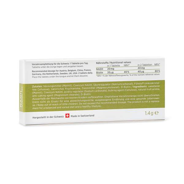 NADH 10 back Auf der Rückseite der weißen NADH Vida-Nahrungsergänzungspackung sind Nährwertangaben, Inhaltsstoffe und Anwendungshinweise in Deutsch und Englisch abgebildet. In der unteren rechten Ecke ist zur Authentizität deutlich eine Schweizer Flagge mit dem Schriftzug „Made in Switzerland“ abgebildet.