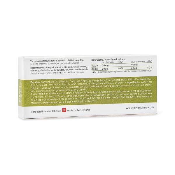 NADH 30 back Auf der rechteckigen NADH Vida-Dose sind Nährwerte, Zutaten, Anwendungshinweise und Herstellerangaben in Deutsch und Englisch abgebildet. Eine Schweizer Flagge weist auf die Schweizer Herkunft hin.
