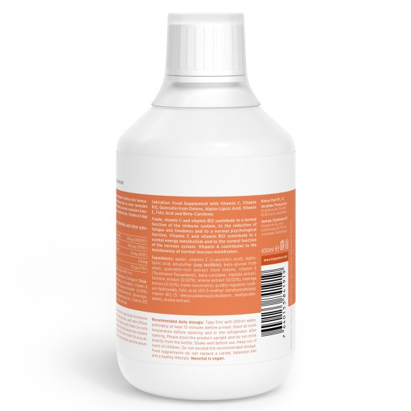 NeoVital_v3.1_Back Eine weiße Plastikflasche mit orangefarbenem Etikett zeigt Nährwertangaben, Zutaten, Barcode und Dosierungsanweisungen für ein Vitamin-C-Präparat. Der versiegelte Verschluss sorgt für Frische und der ausführliche Etikettentext ist gut lesbar.