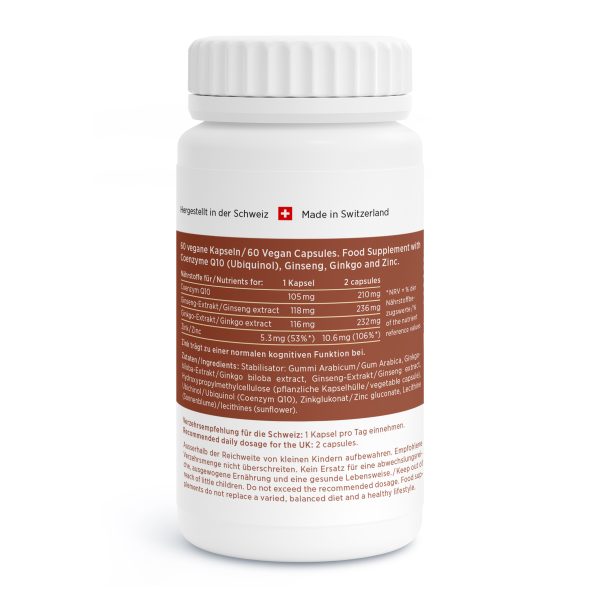 Q10-Strong_v2.1-Back Eine weiße Flasche Nahrungsergänzungsmittel mit der Aufschrift „60 vegane Kapseln mit Coenzym Q10, Ginseng, Ginkgo und Zink“. Das Etikett enthält Nährwertangaben und Anwendungshinweise in Deutsch und Englisch zur einfachen Orientierung.