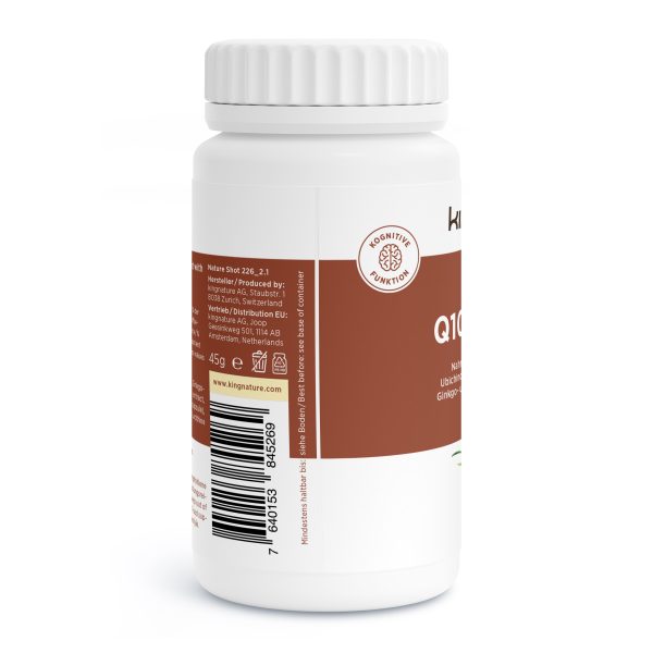 Q10-Strong_v2.1-Side Eine weiße Plastikflasche mit weißem Verschluss und braun-weißem Etikett für ein Q10-Präparat. Das Etikett enthält Text, einen Barcode und ein Energiesymbol. Vertrieb durch kingnature.