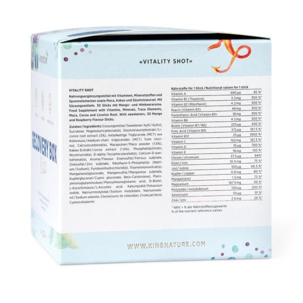 RECOVERY BOX Kids Packshot Back Eine Nahrungsergänzungspackung der Recovery Box Kids. Nährwertangaben und Zutaten sind auf der Seitenwand in Deutsch und Englisch angegeben. Der weiße Hintergrund ist mit bunten Punkten und einer orangefarbenen Schleife verziert.