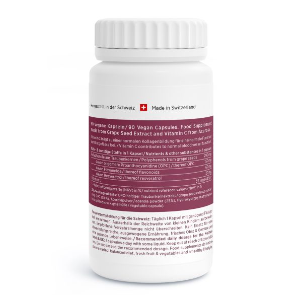 Vino-Vida_v3.4-Back Eine weiße Flasche mit veganen Kapseln trägt ein Etikett auf Deutsch und Englisch, auf dem Inhaltsstoffe wie Traubenkernextrakt und Vitamin C aufgeführt sind. Auf der Verpackung ist eine Schweizer Flagge mit der Aufschrift „Made in Switzerland“ abgebildet.