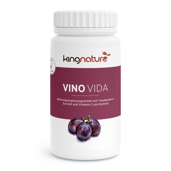 Vino-Vida_v3.4-Front Eine weiße Flasche mit der Aufschrift „kingnature VINO VIDA“ und einem violetten Etikett mit Bildern von Trauben und einem Text, der Traubenkernextrakt und Vitamin C aus Acerola hervorhebt.