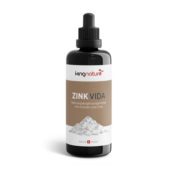 Eine dunkle Glasflasche mit Tropfer und der Aufschrift „Zink Vida, ein in der Schweiz hergestelltes Nahrungsergänzungsmittel mit Histidin und Zink“ zeigt ein Bild von weißem Pulver und weist darauf hin, dass es sich um Zink-Tropfen handelt.