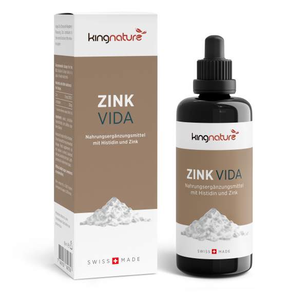Eine Flasche und eine Schachtel des Nahrungsergänzungsmittels Zink Vida mit Tropfverschluss und der Aufschrift „mit Histidin und Zink, Swiss Made“ sind neben einem Bild eines weißen Pulvers zu sehen.