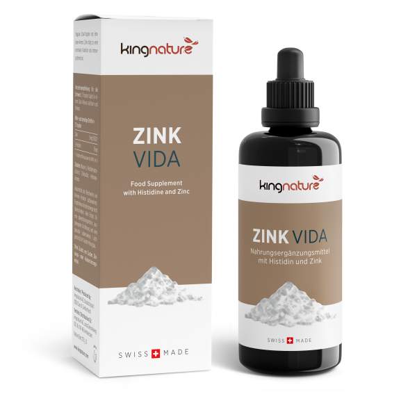 Eine Flasche und eine Schachtel des Nahrungsergänzungsmittels Zink Vida mit den Aufschriften „Histidin“ und „Zink“ sind mit einem Tropferverschluss, einem Bild von weißem Pulver und dem Swiss Made-Logo mit einem roten Kreuz versehen.